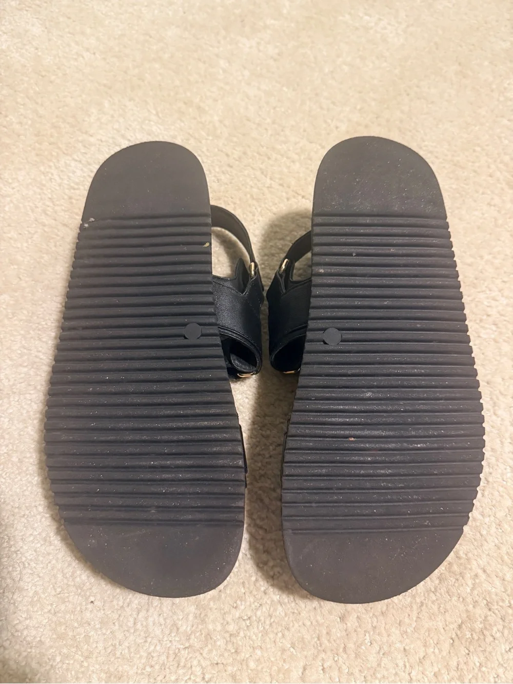Steve Madden Black Mona Leather Sandals with Gold Accents